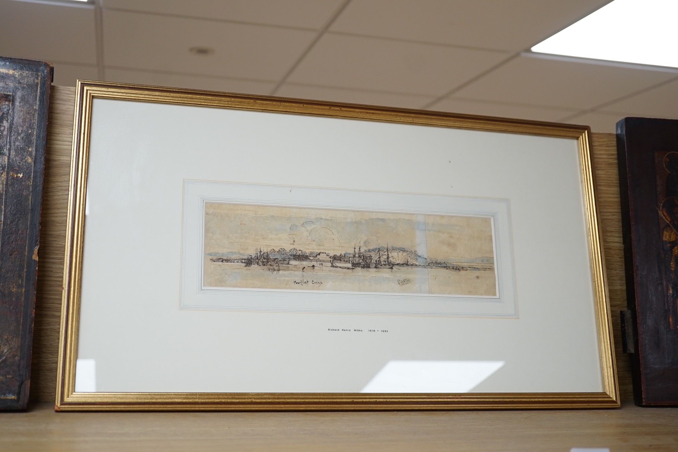 Richard Henry Nibbs (1860-1893), ink and watercolour, 'Purfleet, Essex', signed, 9 x 33cm